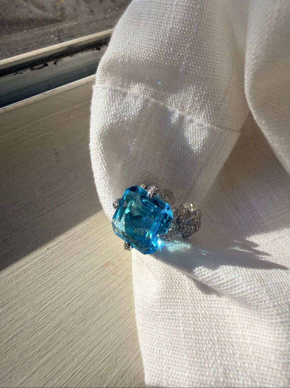 Aqua Blue Cubic Zirconia Adjustable Statement Ring Silver Tone
